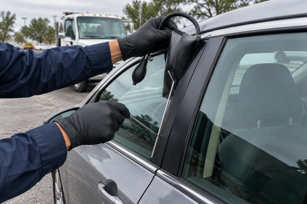 Gloved hands using an air wedge and long reach tool to open a locked car door, Xpress truck in the background