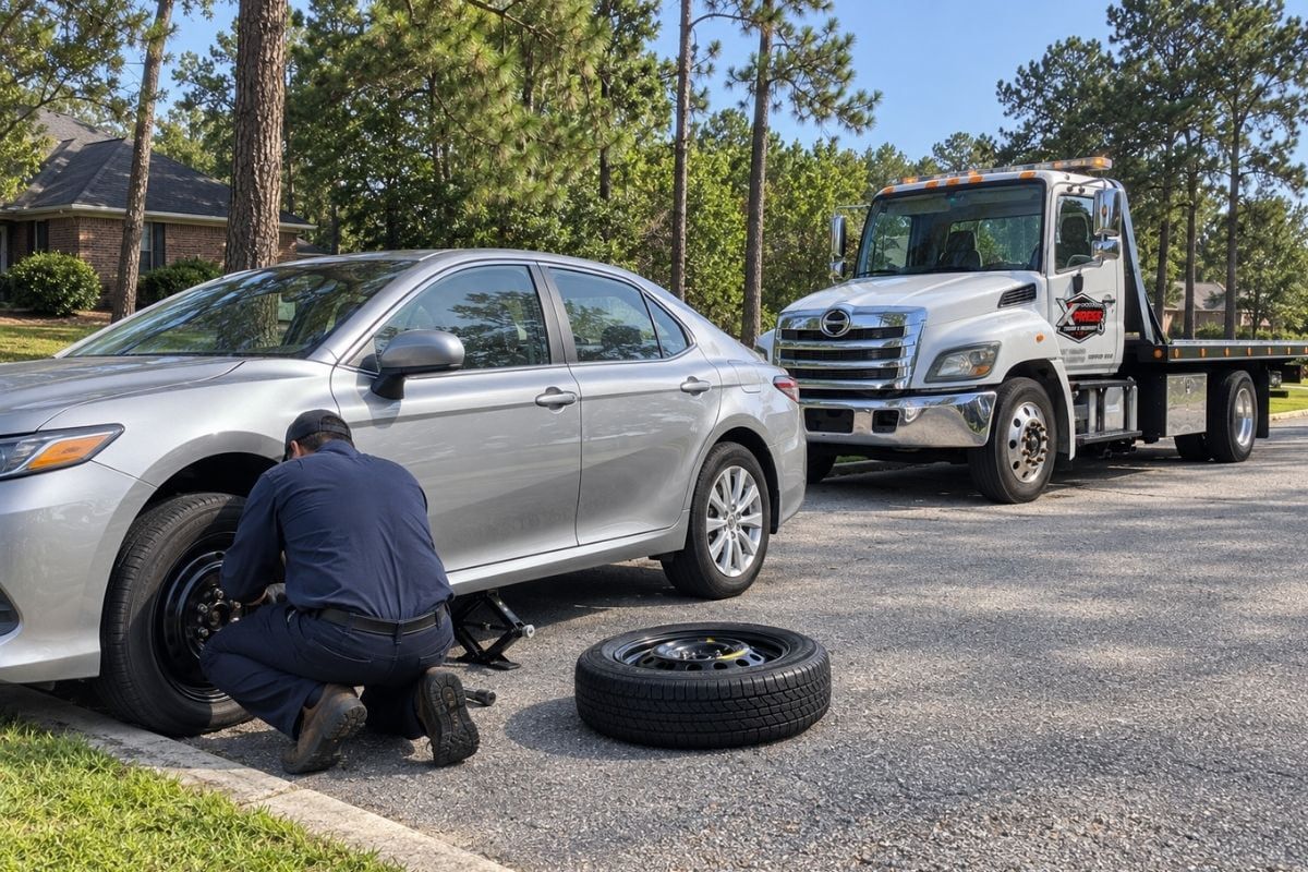 Xpress technician changing a flat tire on a silver sedan with the flatbed parked behind on a residential street