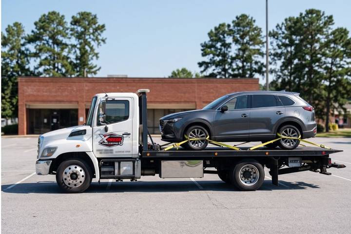 Gray Mazda SUV strapped to the Xpress flatbed deck with yellow ratchet straps